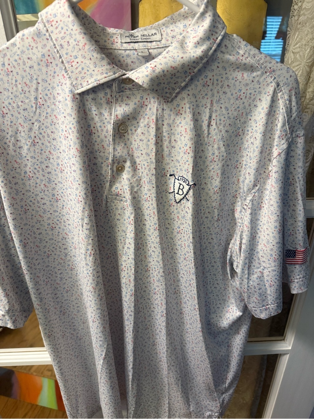 Peter Millar White Polo with Light Blue and Pink Micro-Print